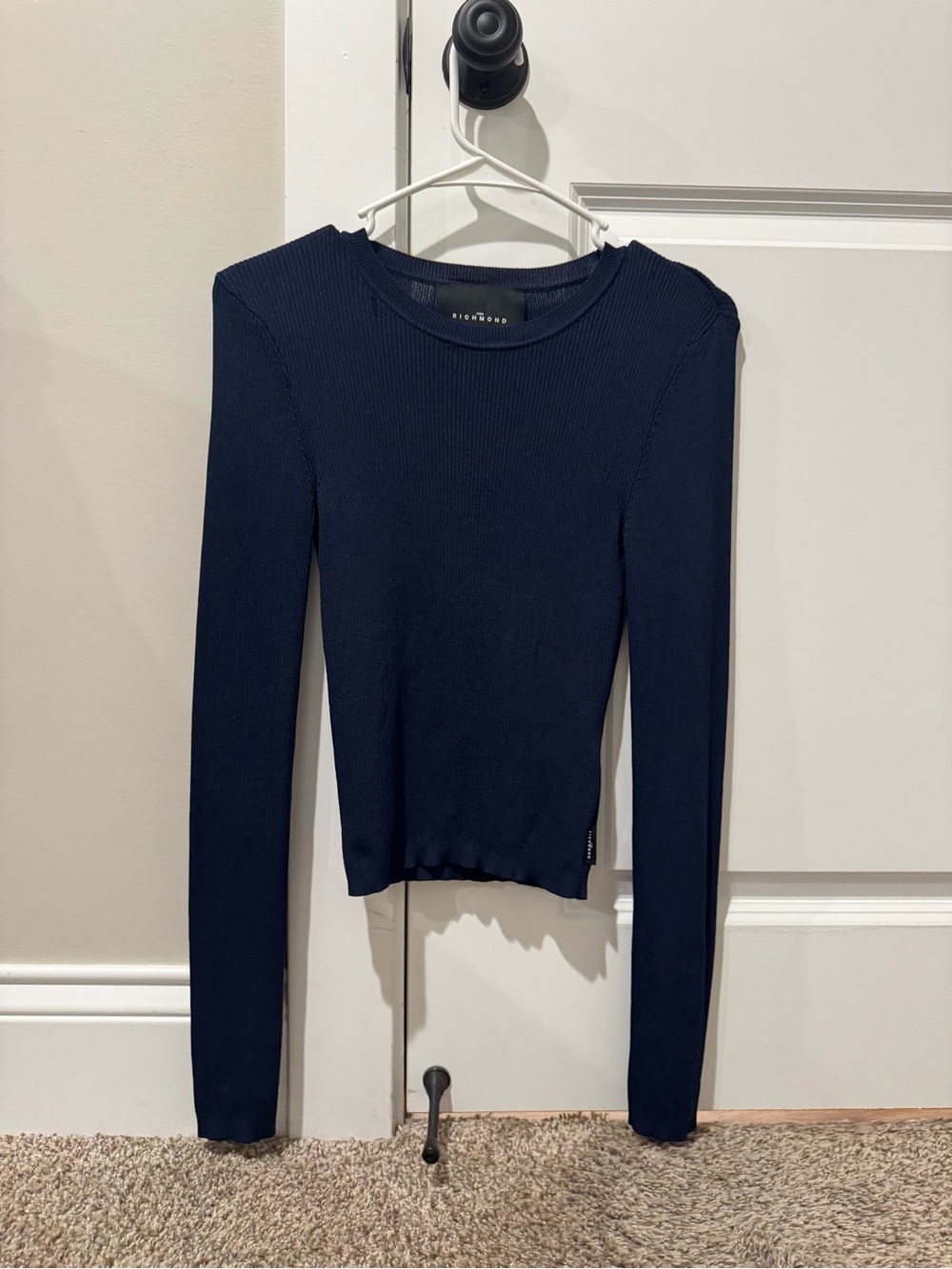John Richmond Navy Ribbed Long-Sleeve Crew Top